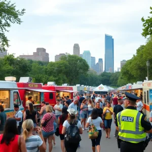 Crowd at a Memphis food truck festival with food trucks and police presence.