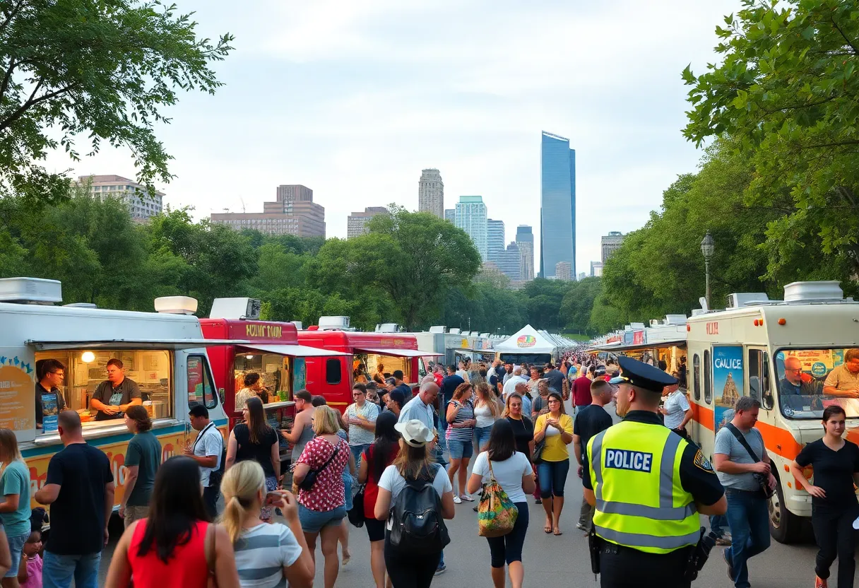 Crowd at a Memphis food truck festival with food trucks and police presence.