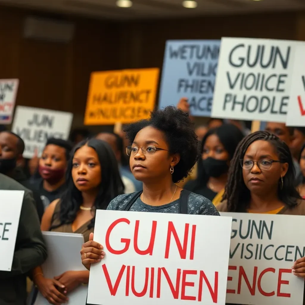 Community members advocating for gun violence prevention during a meeting.
