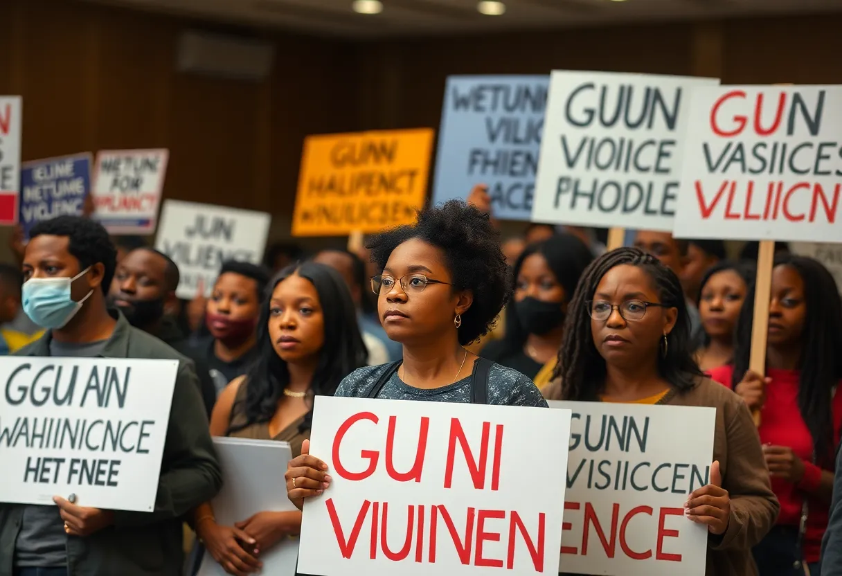 Community members advocating for gun violence prevention during a meeting.