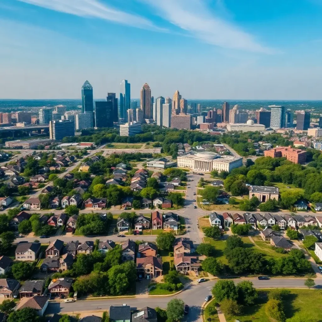 Aerial view of Memphis showcasing homes and the skyline.