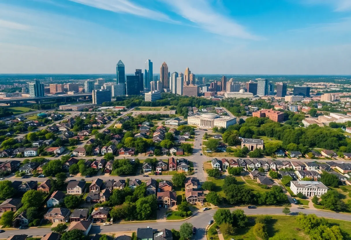 Aerial view of Memphis showcasing homes and the skyline.