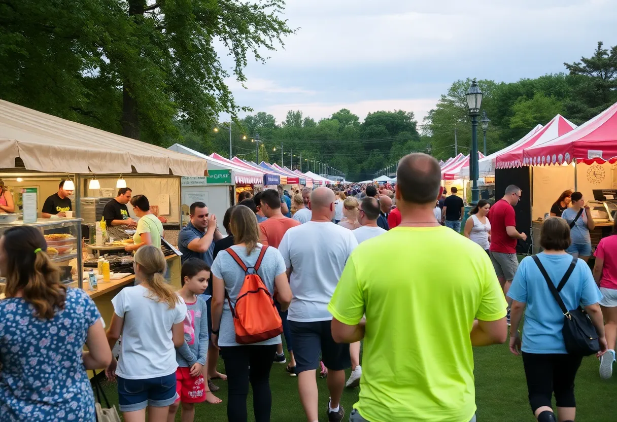 Families enjoying the Memphis Italian Festival with food and music in a park.