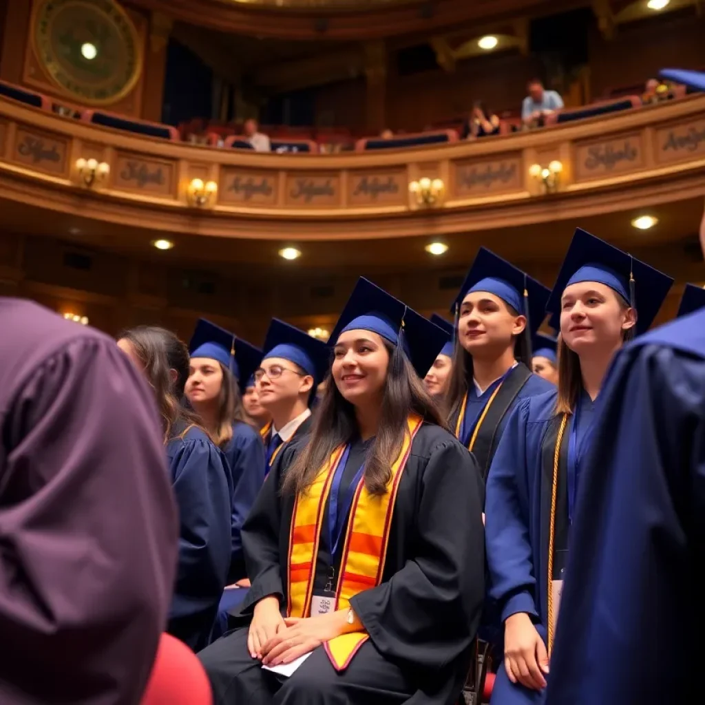 Graduates in caps and gowns at the University of Memphis Law School commencement ceremony.
