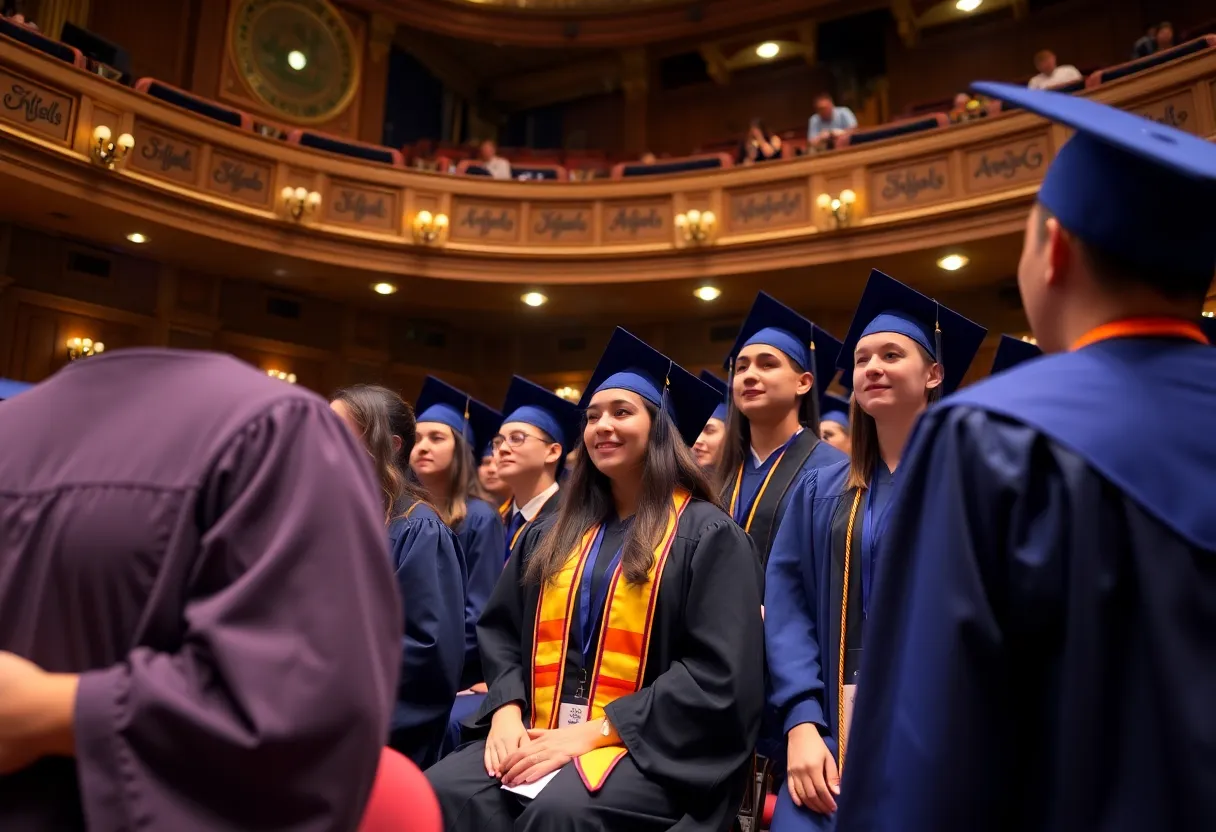 Graduates in caps and gowns at the University of Memphis Law School commencement ceremony.
