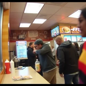 Interior of a McDonald's restaurant with a focus on a tense altercation scene.