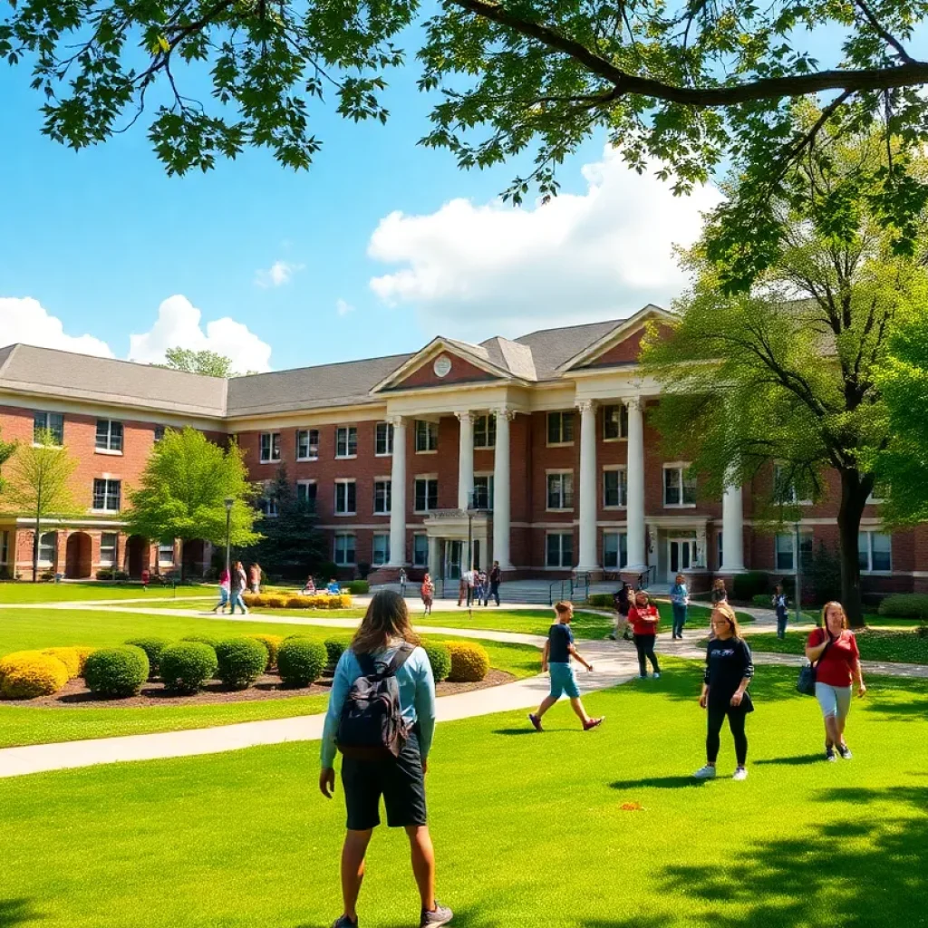 Campus of a private high school in Memphis with students engaged in activities