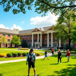 Campus of a private high school in Memphis with students engaged in activities