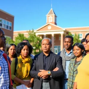 People discussing school audit implications with a school building in the background.