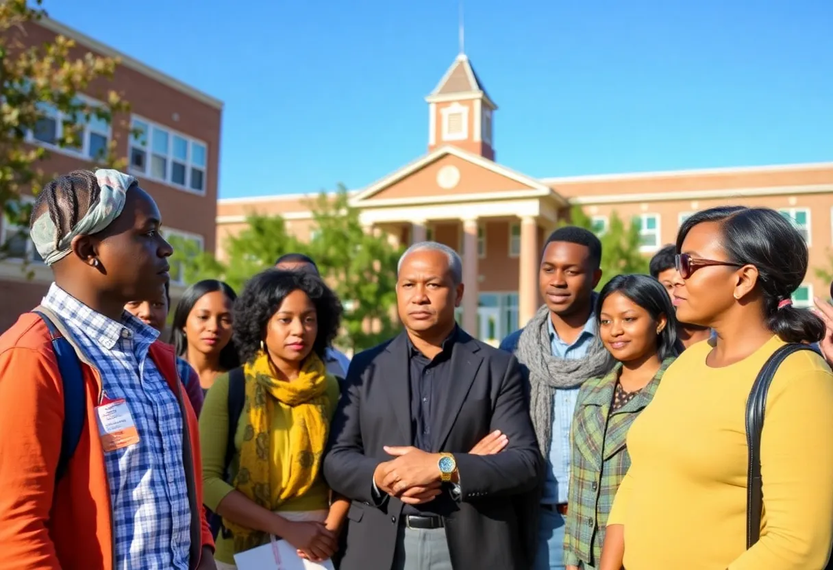 People discussing school audit implications with a school building in the background.