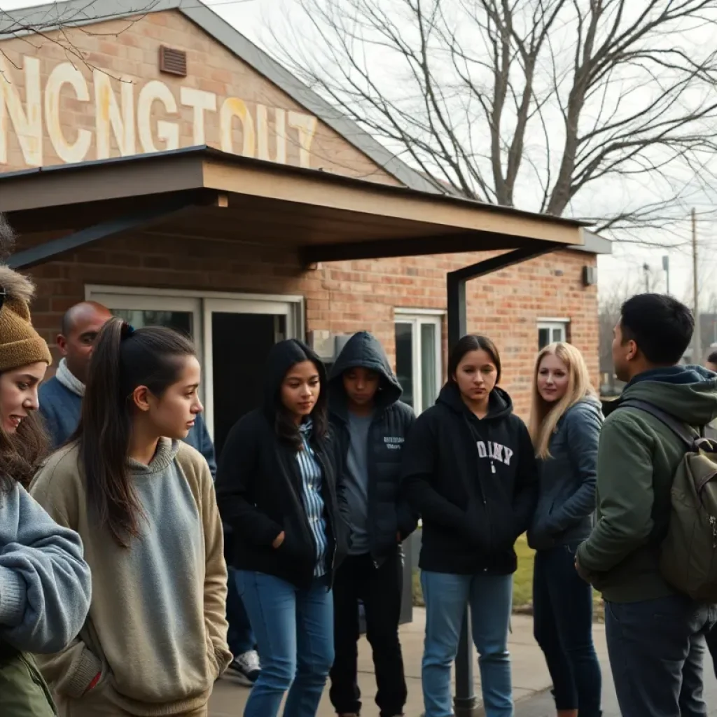 Tense scene of students and adults outside a school hangout