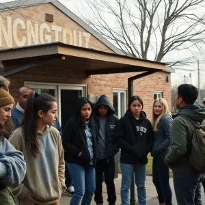 Tense scene of students and adults outside a school hangout