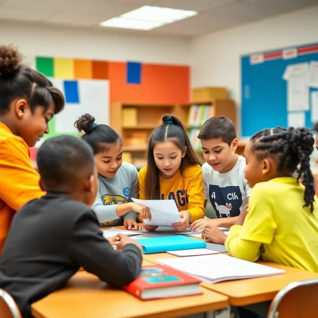 Students in a classroom engaged in a collaborative project