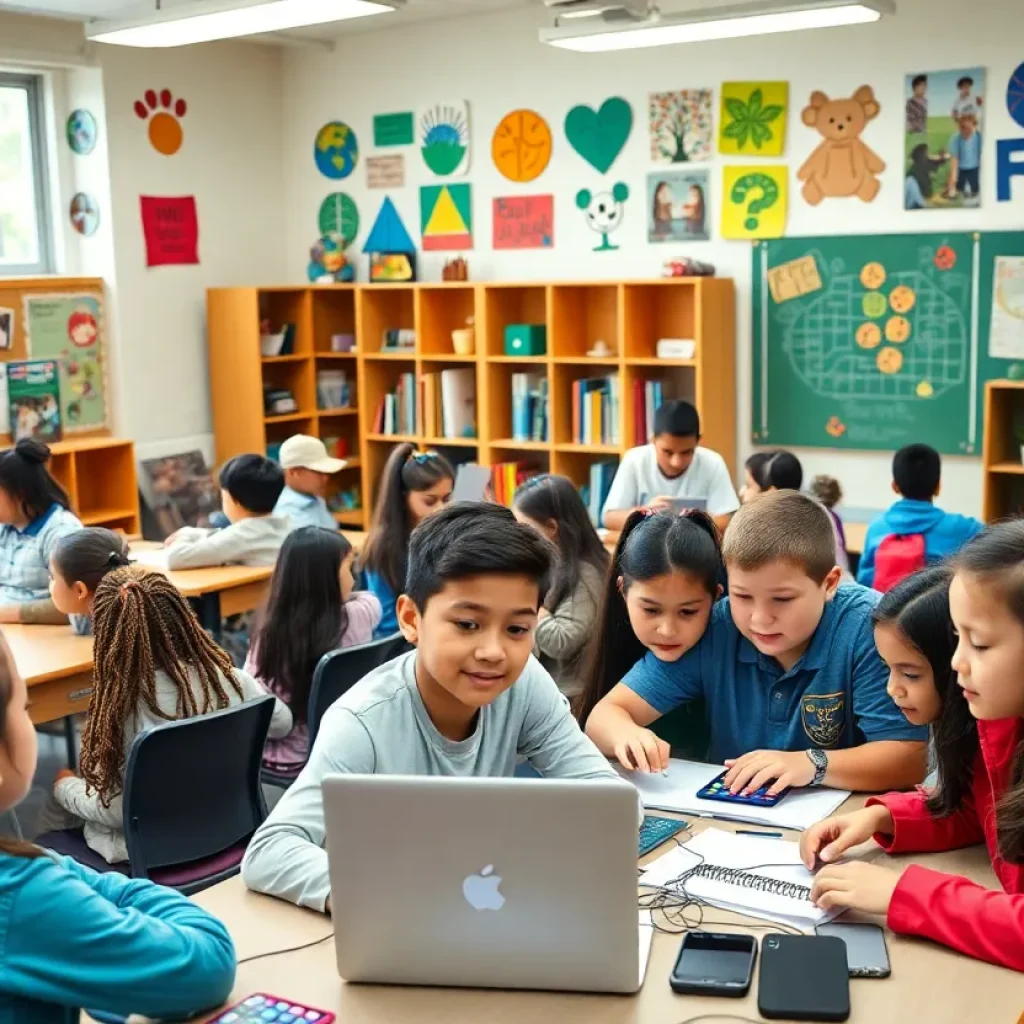Students engaged in collaborative educational activities in a classroom environment.