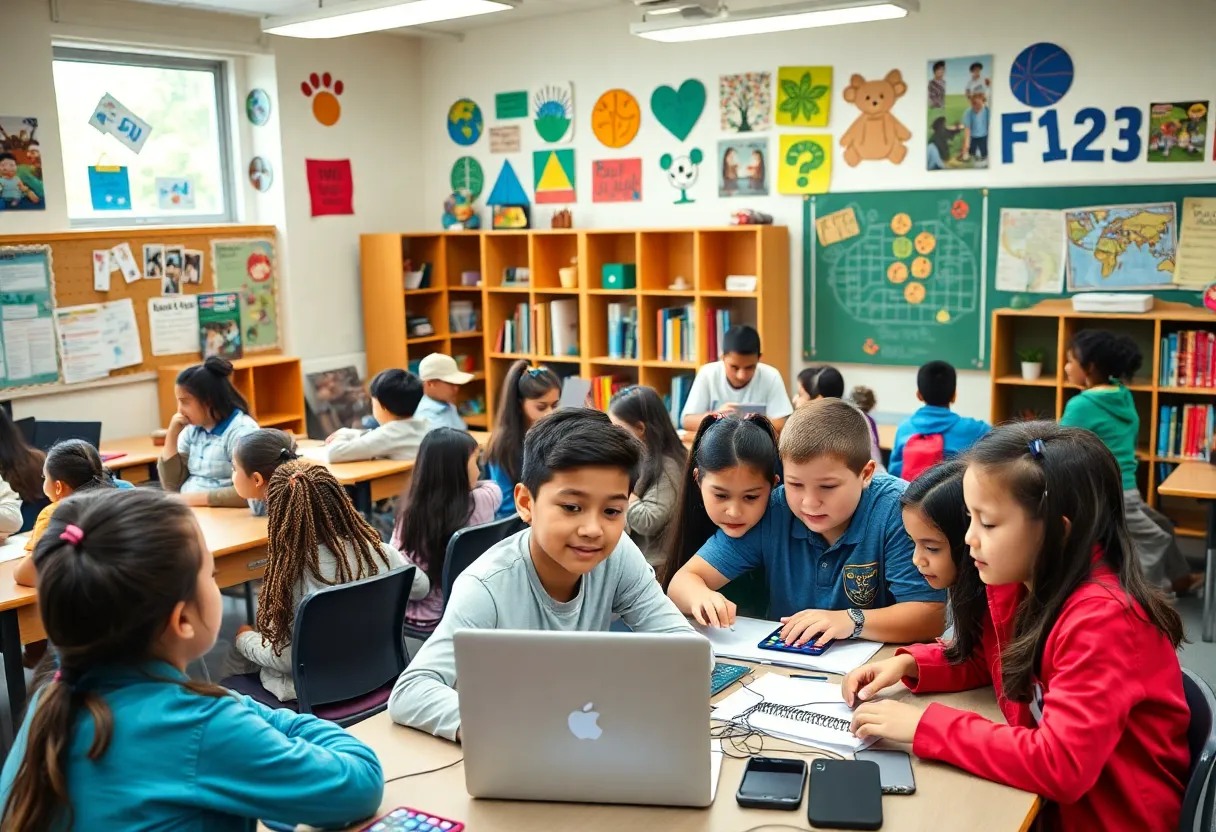 Students engaged in collaborative educational activities in a classroom environment.