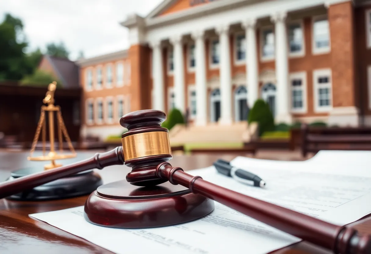 Courtroom scene representing a lawsuit about data protection in education