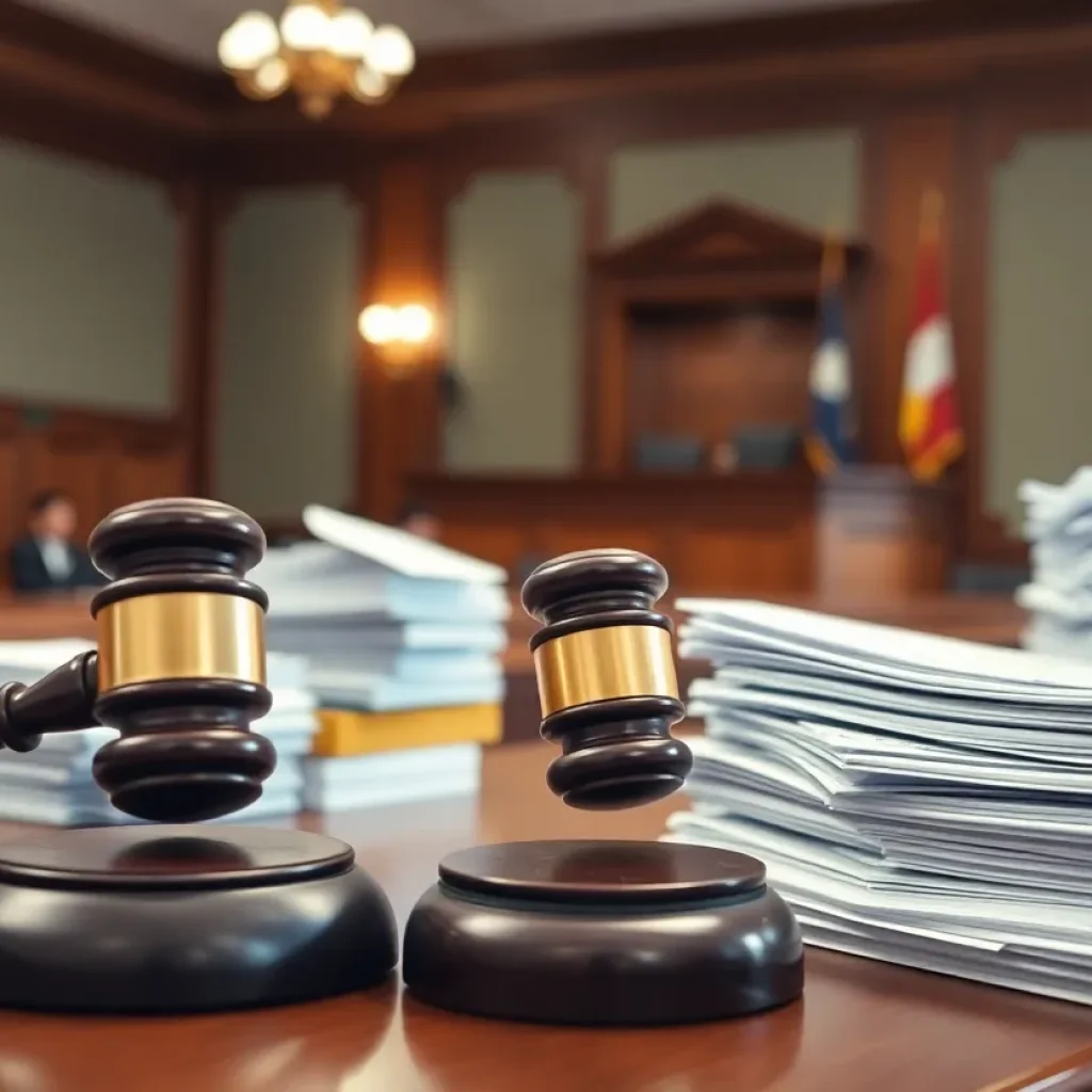 Courtroom scene representing a lawsuit filed by schools against a software provider due to a data breach.
