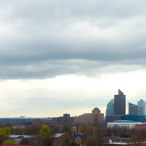 View of Memphis skyline under cloudy skies with rain showers