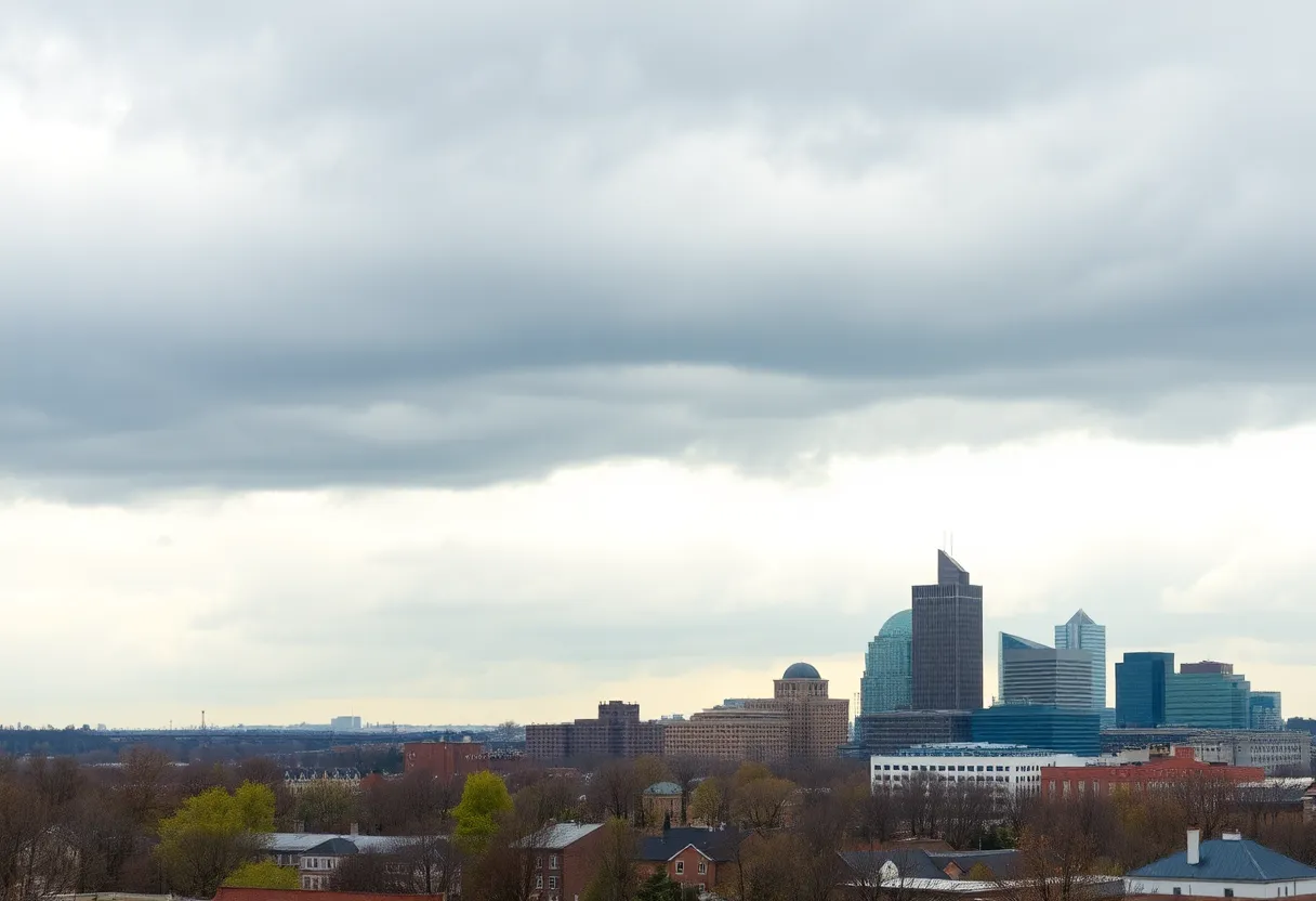 View of Memphis skyline under cloudy skies with rain showers