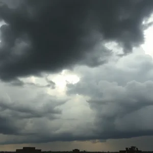 Dramatic thunderstorm clouds over Memphis city skyline