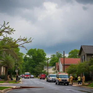 Scene of damage after thunderstorms in Memphis with downed trees and emergency responders.