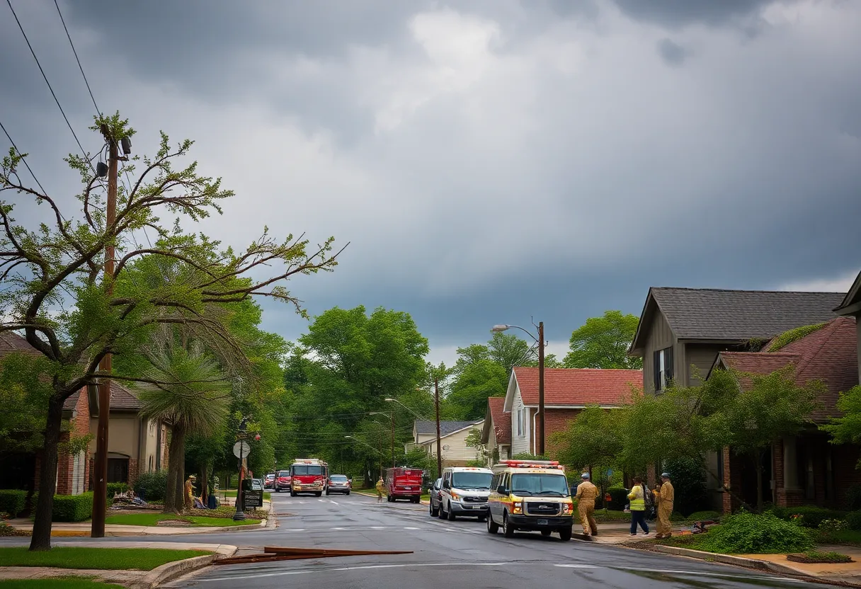 Scene of damage after thunderstorms in Memphis with downed trees and emergency responders.
