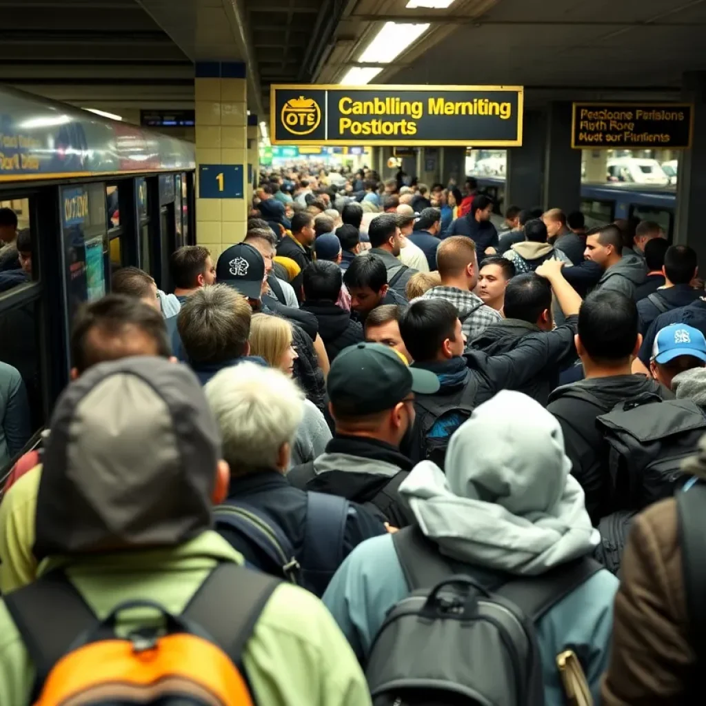Crowded Memphis transit station with waiting commuters