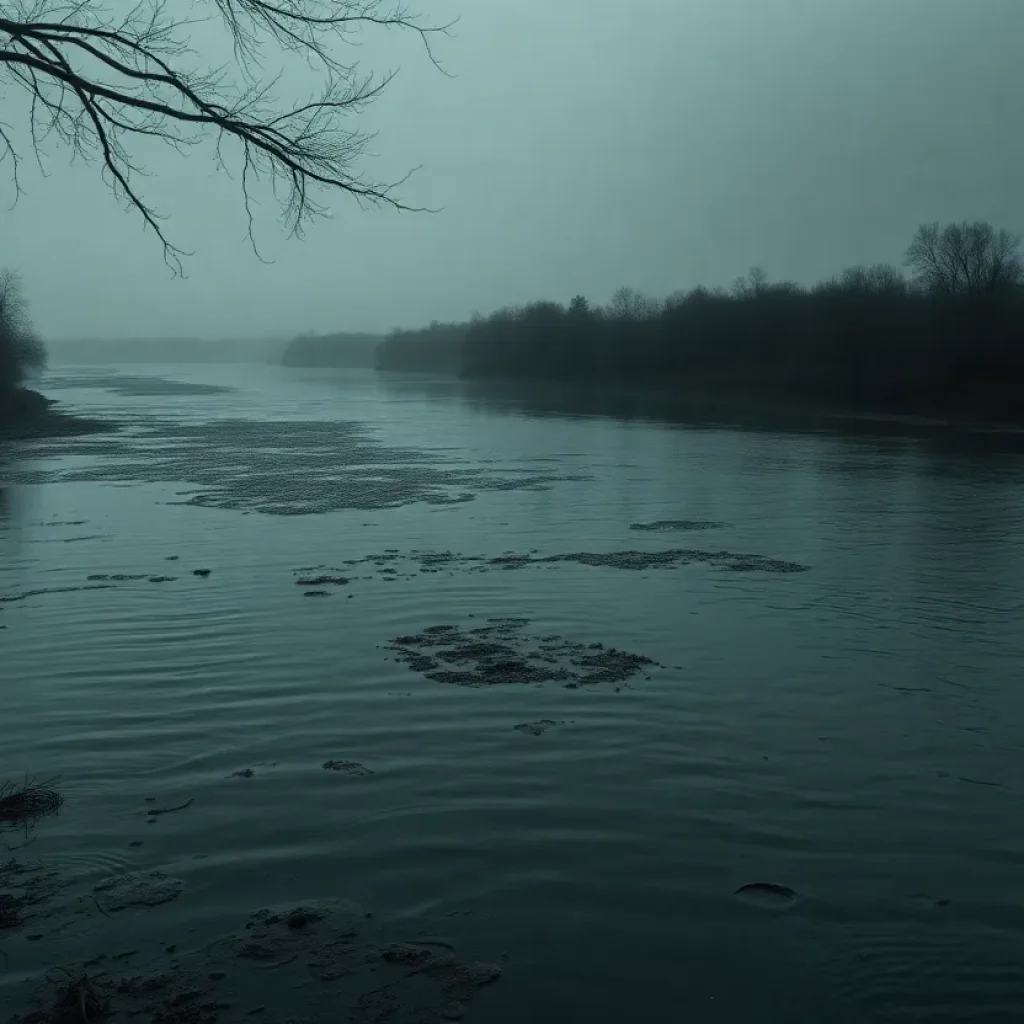 A dramatic view of the Wolf River representing crime and hidden truths.