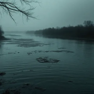 A dramatic view of the Wolf River representing crime and hidden truths.