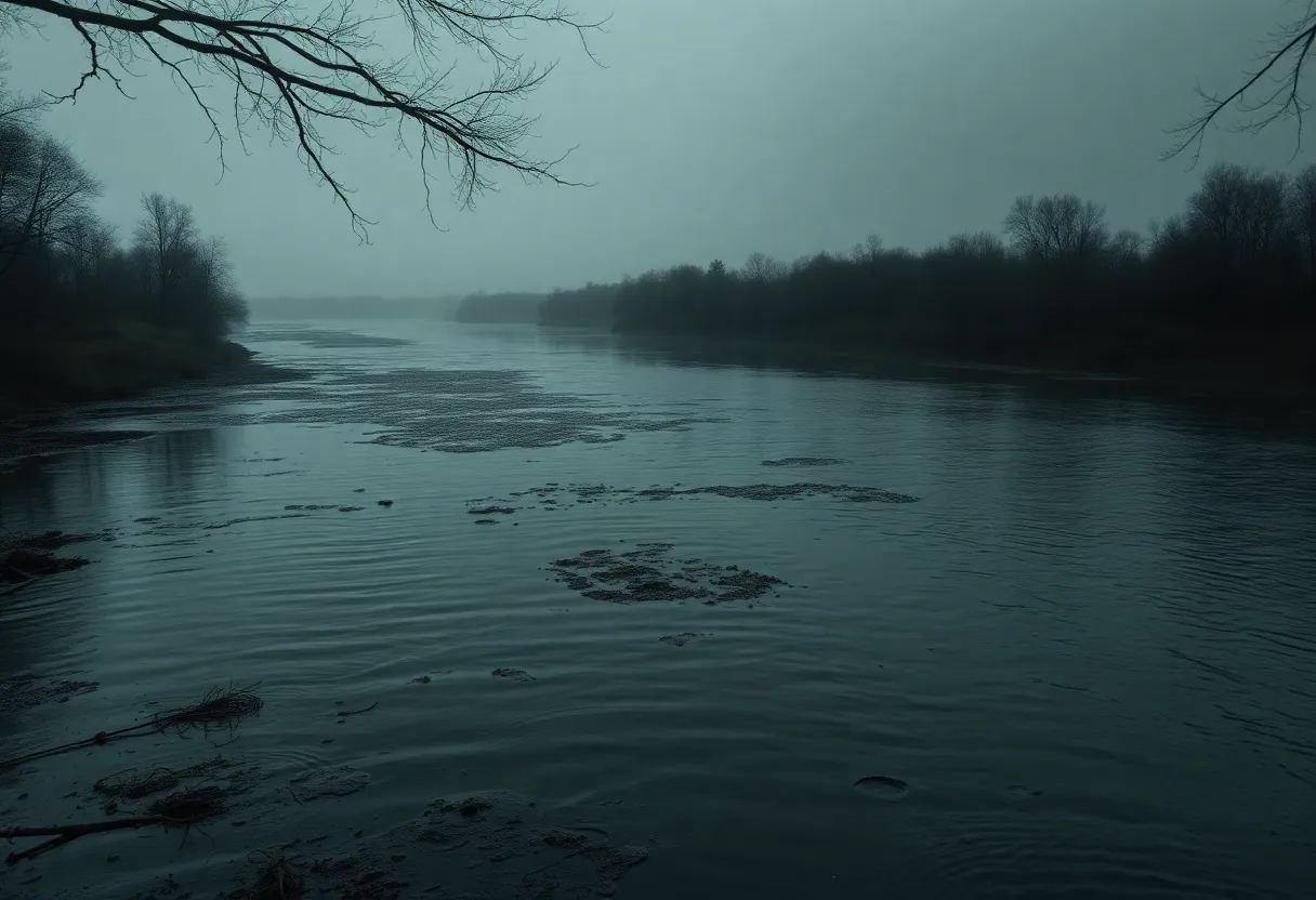 A dramatic view of the Wolf River representing crime and hidden truths.