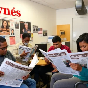 Community members reading the Memphis Flyer in the office