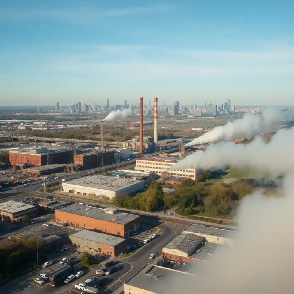 Aerial view of Memphis industrial area with visible smokestacks and pollution