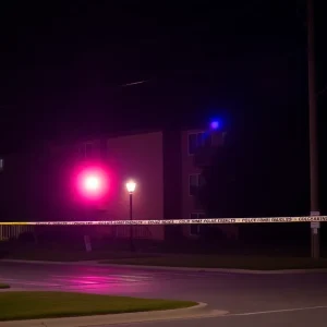 Nighttime view of an apartment complex with police presence