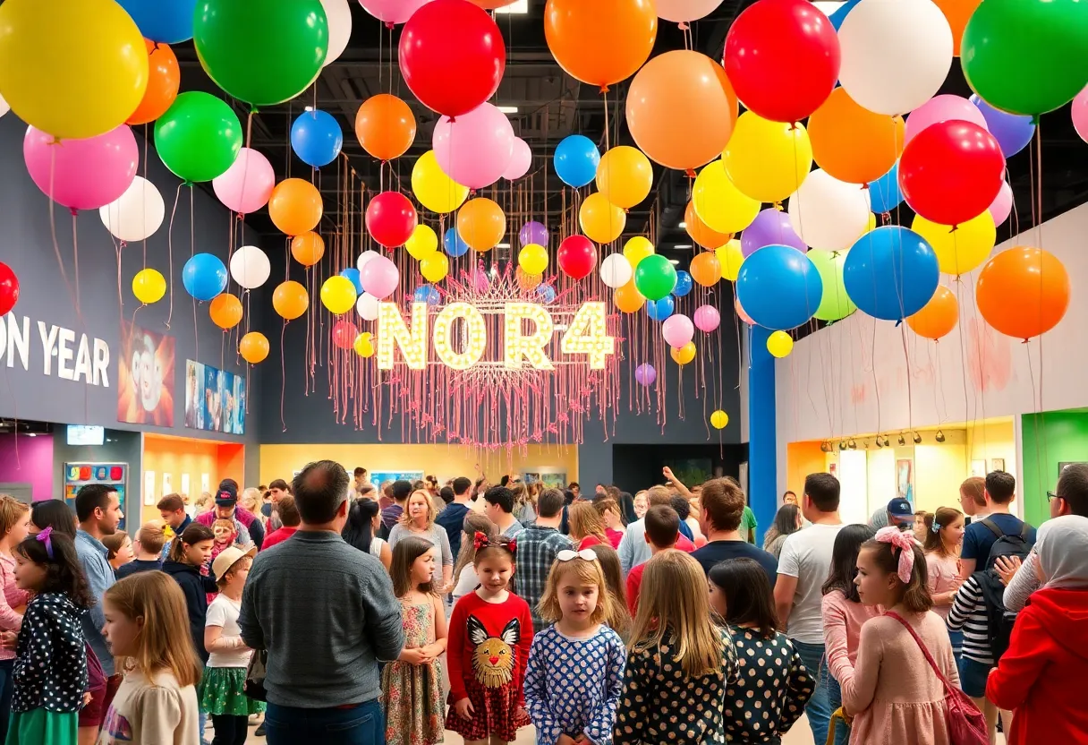 Families enjoying noon countdown and balloon drop at Children's Museum of Memphis