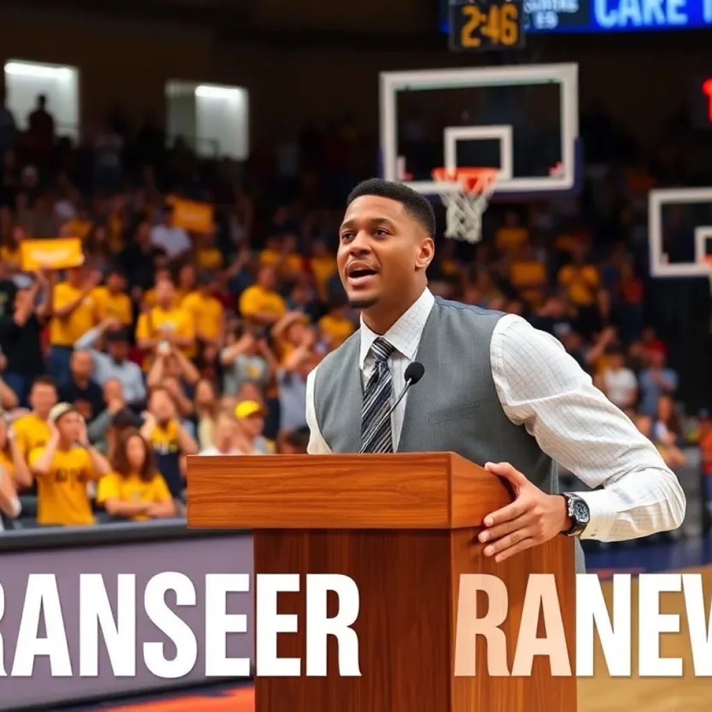 Basketball court scene with fans celebrating a transfer announcement