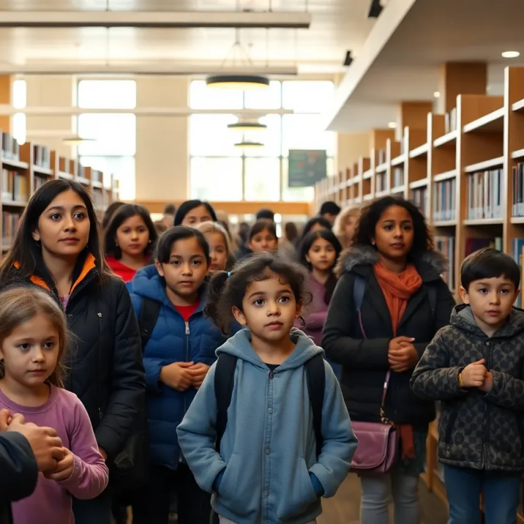 Police officers standing at a public library entrance