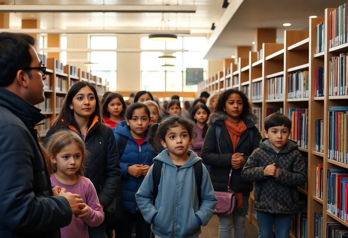 Police officers standing at a public library entrance