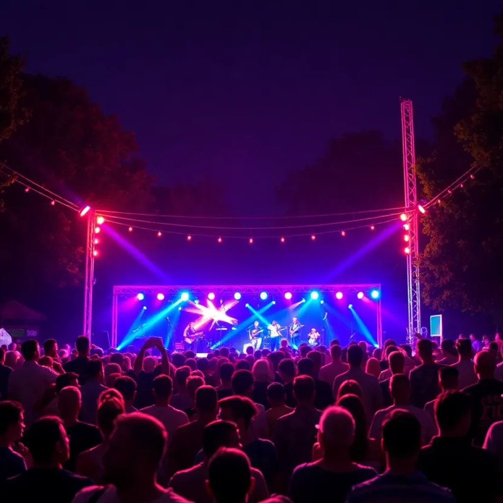 Crowd enjoying the Riverbeat Music Festival in Tom Lee Park at night.