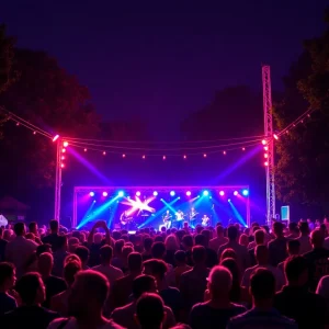 Crowd enjoying the Riverbeat Music Festival in Tom Lee Park at night.