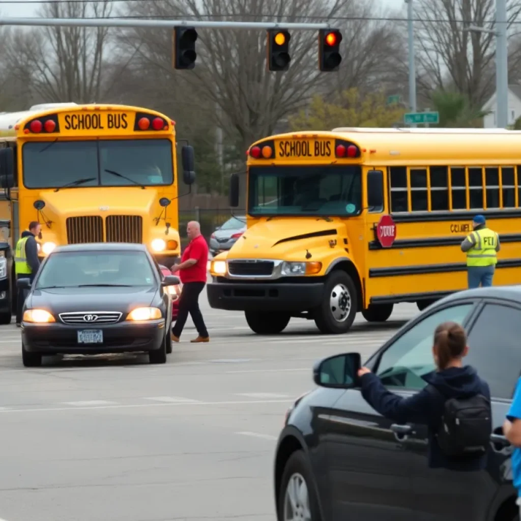 Scene of a school bus accident with emergency services