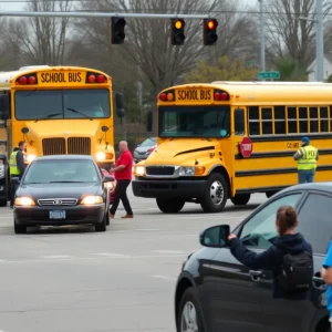 Scene of a school bus accident with emergency services