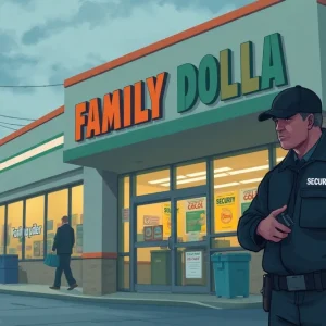 Security guard on duty at a Family Dollar store