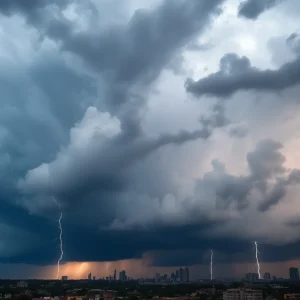 Dramatic storm clouds and rain above Memphis city skyline