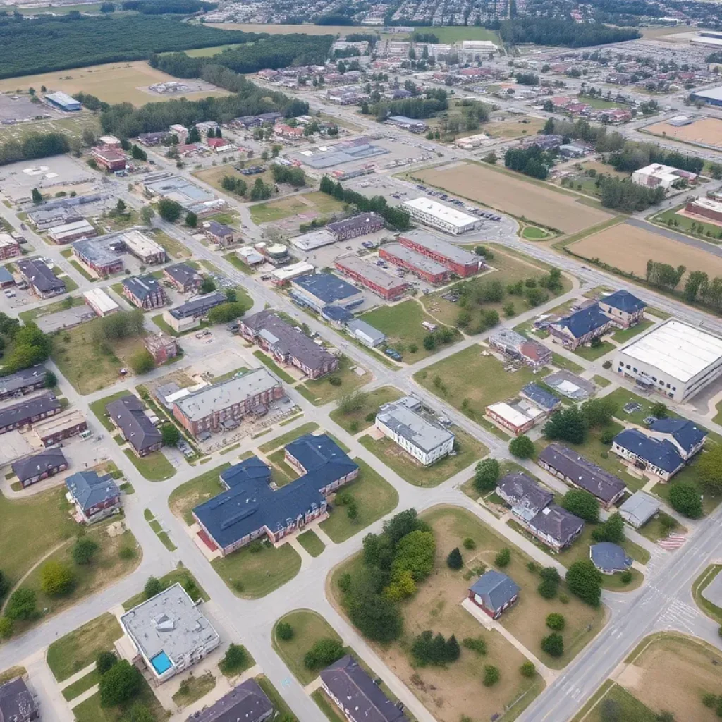 Aerial view of Shelby County showing schools and community areas.