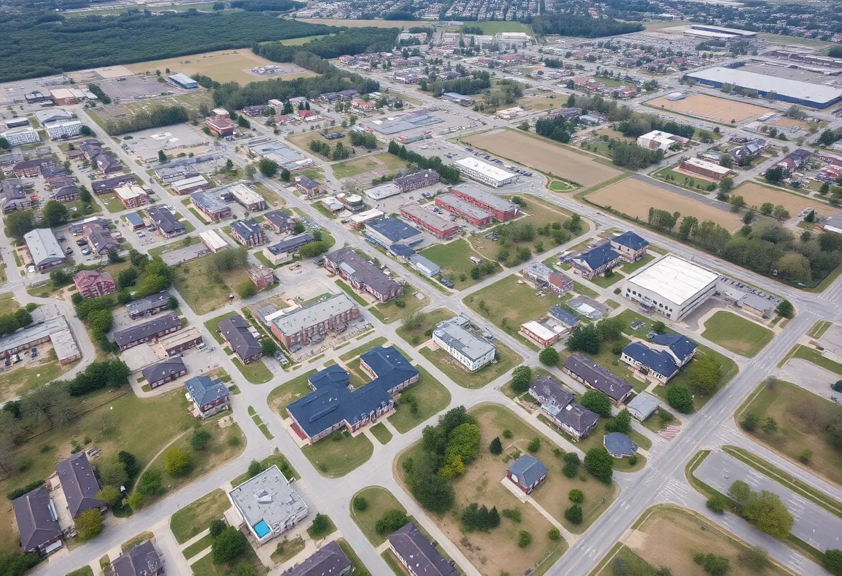 Aerial view of Shelby County showing schools and community areas.
