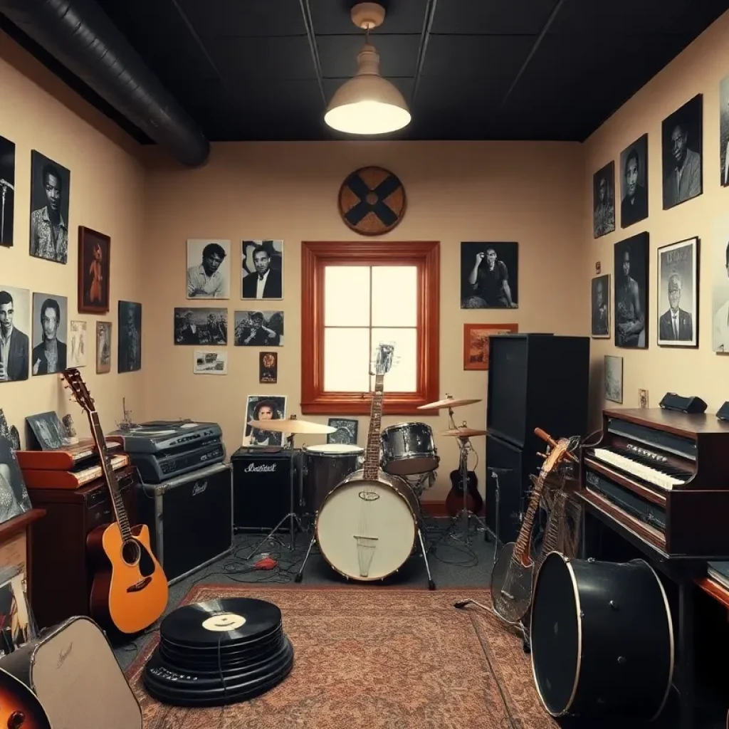 Vintage music studio with instruments and photographs