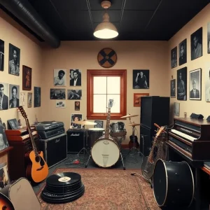 Vintage music studio with instruments and photographs