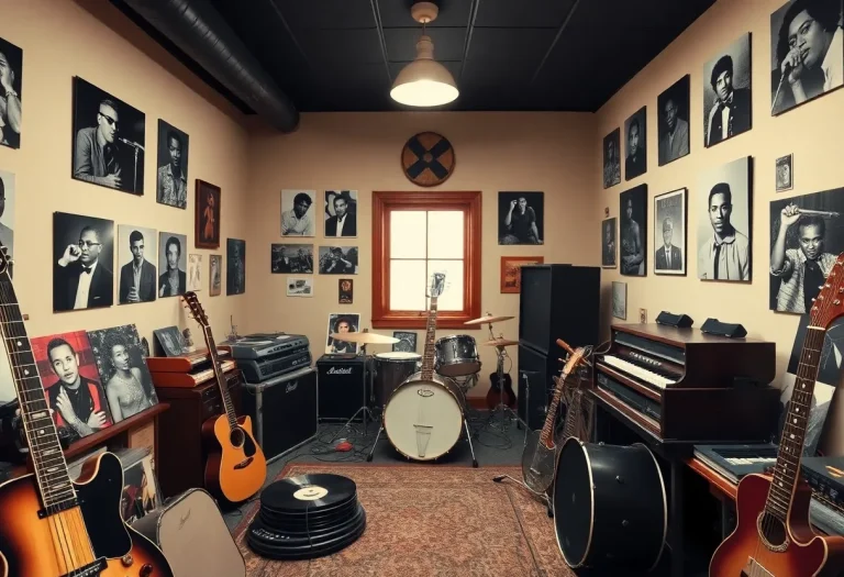 Vintage music studio with instruments and photographs