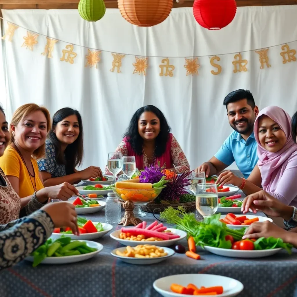 Community members enjoying a plant-based dinner together.