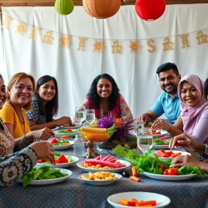 Community members enjoying a plant-based dinner together.